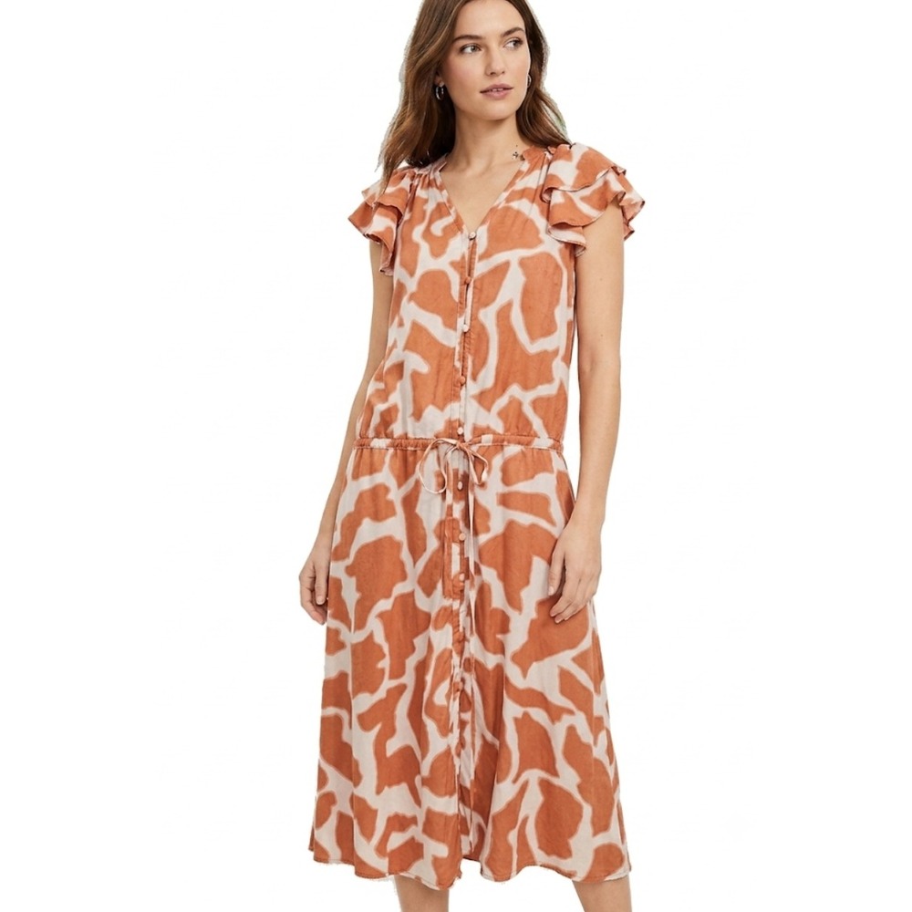 LOFT Silk Midi Dress Womens 4 Orange Giraffe Print‎ Flutter Sleeve Button Front